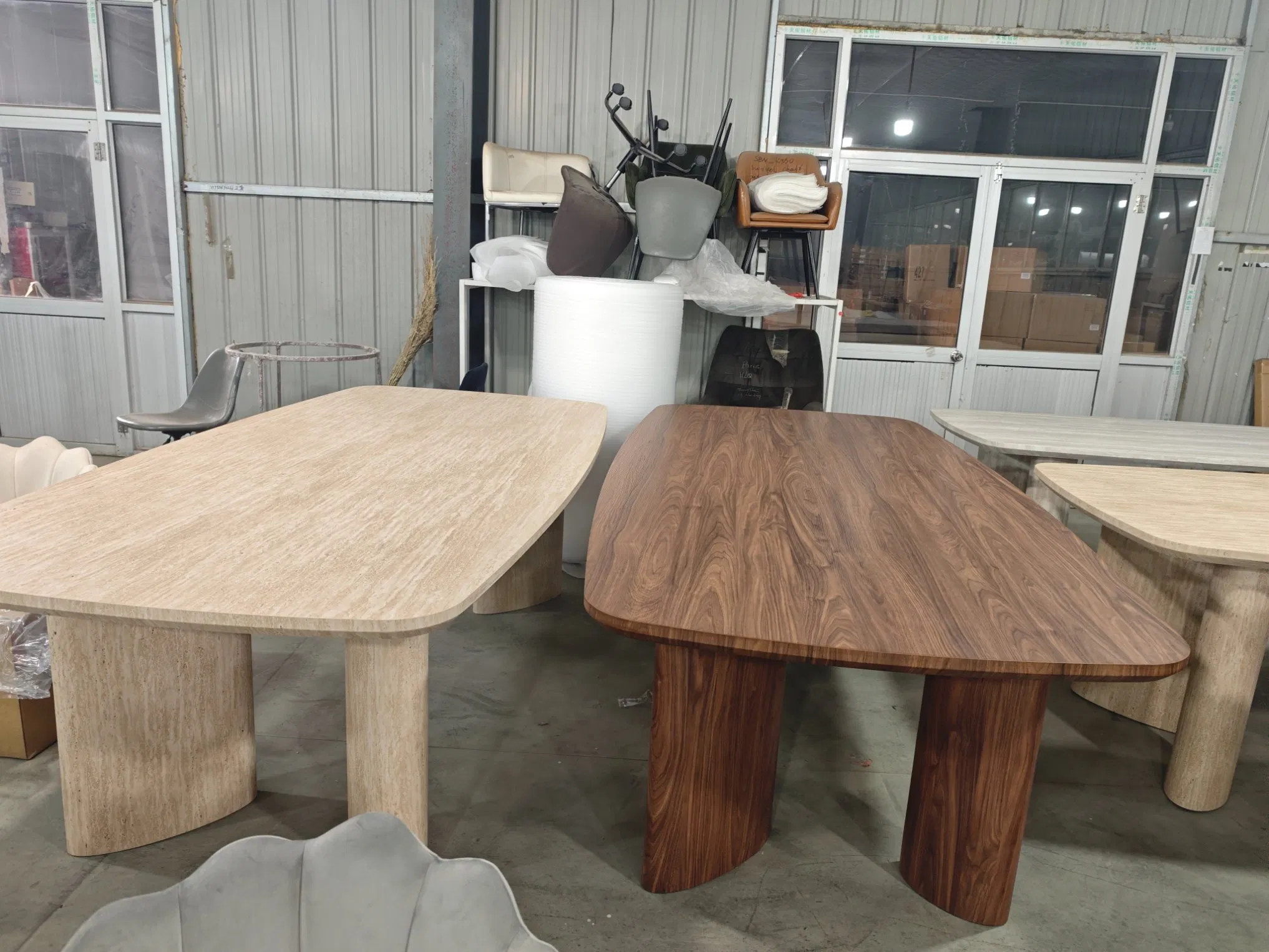 Walnut Wood-Colored Wavy Base Dining Table Modern Luxury Dining Table.