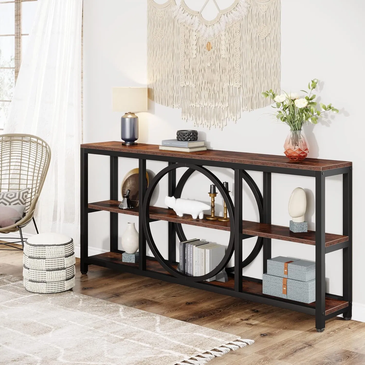 Wood Storage Shelves Table Industrial Metal Frame for Entryway Hallway