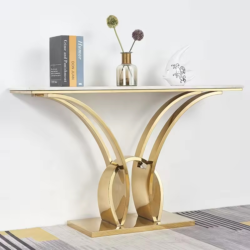 French Royal Luxury Modern Nordic Hotel Thin Hallway Channel Art Deco Tall Gold Metal Base Square White Marble Console Table