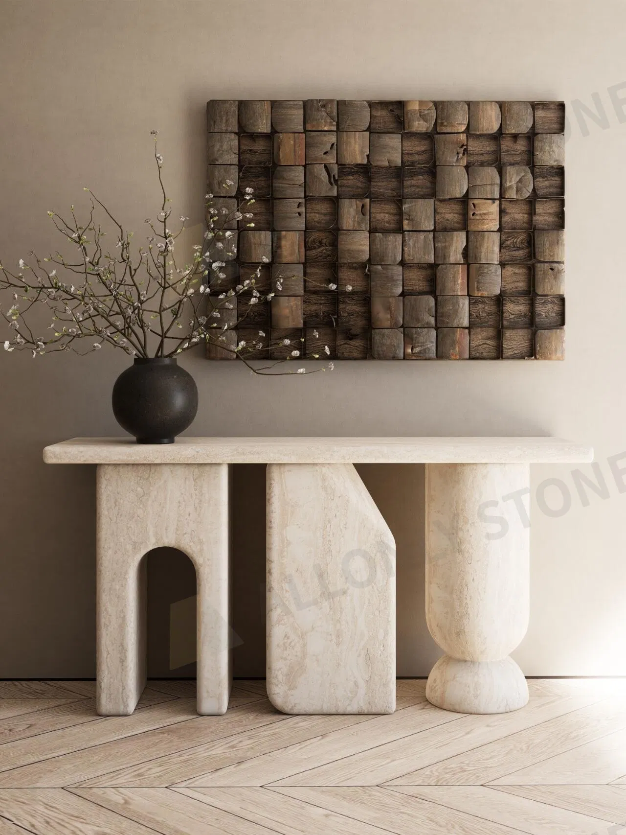 Solid Stone Furniture Hallway Narrow Table Italy White Hone Travertine Stone Console Table for Living Room Entryway