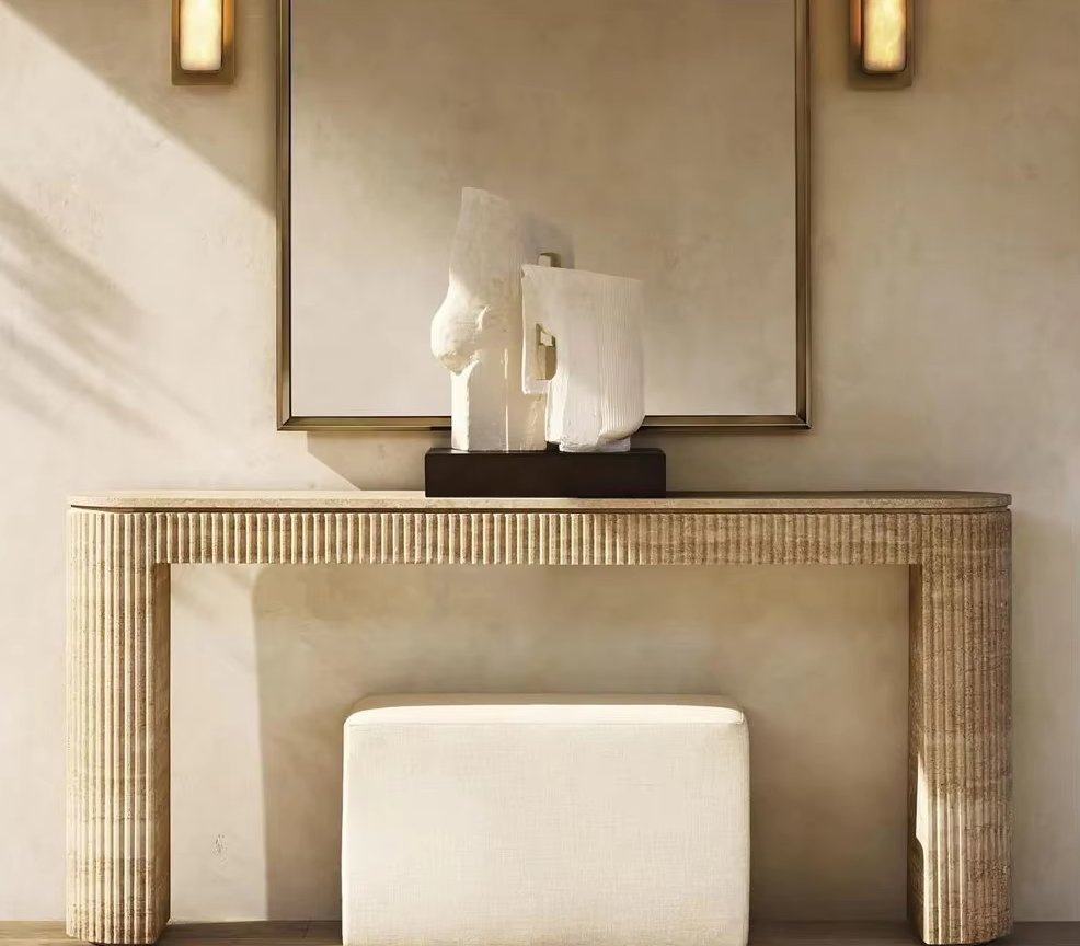 OEM ODM Living Room Furniture Entry Long Table Hallway Nordic Modern Marble Handmade Roman Travertine Natural Stone Narrow Console Tables