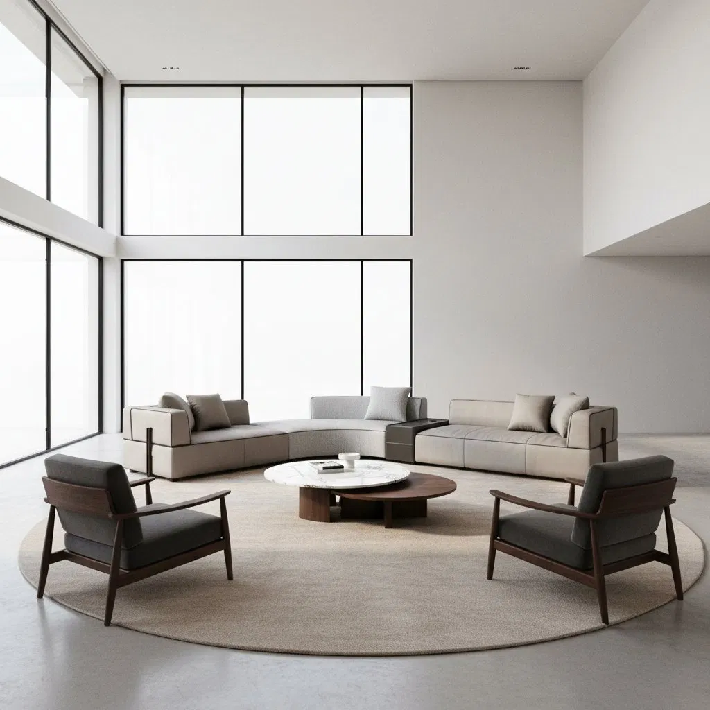 High End Modern Living Room Set Curved Sectional Sofa Set with Round Marble Coffee Table