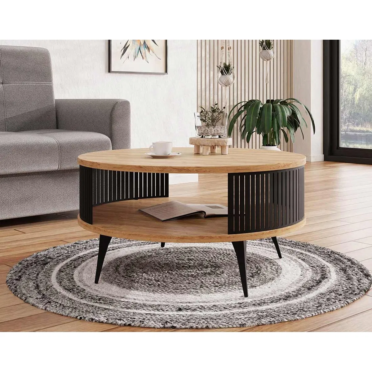 Scandinavian Industrial Style Living Room Runway-Shape Oak Solid Wood Coffee Table with Black Metal Grille &amp; Double Shelf