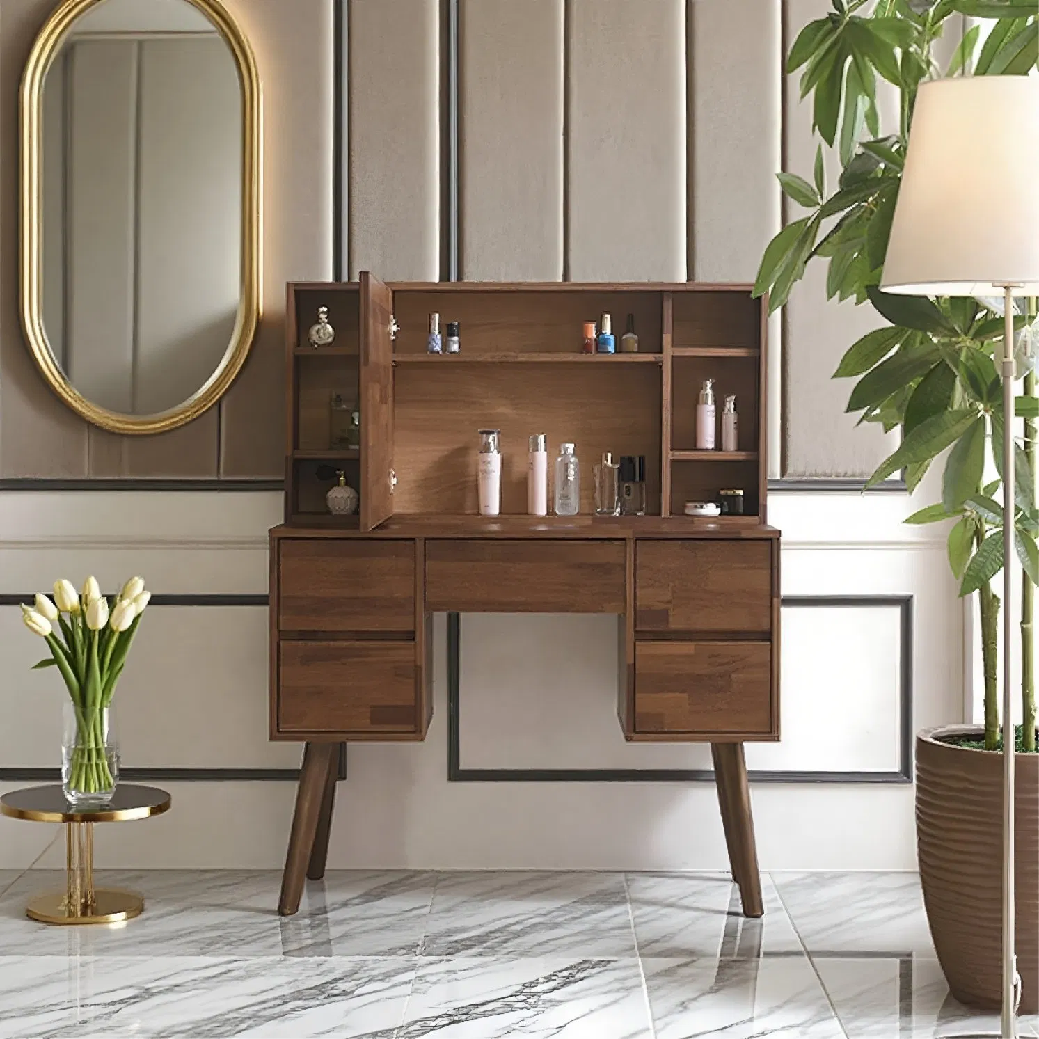 Nordic Wooden Console with Mirror Dresser Storage Makeup Dressing Table