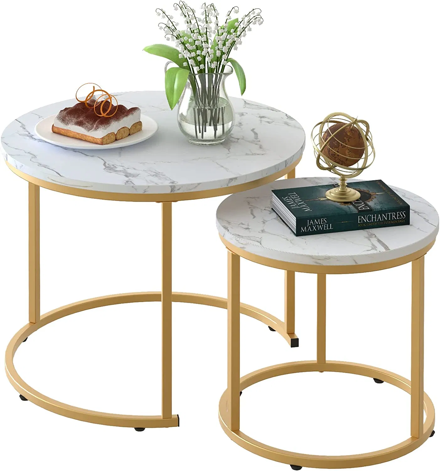 Living Room Round Marble Coffee Table Set with Golden Frame Circular and White Nesting Coffee Table