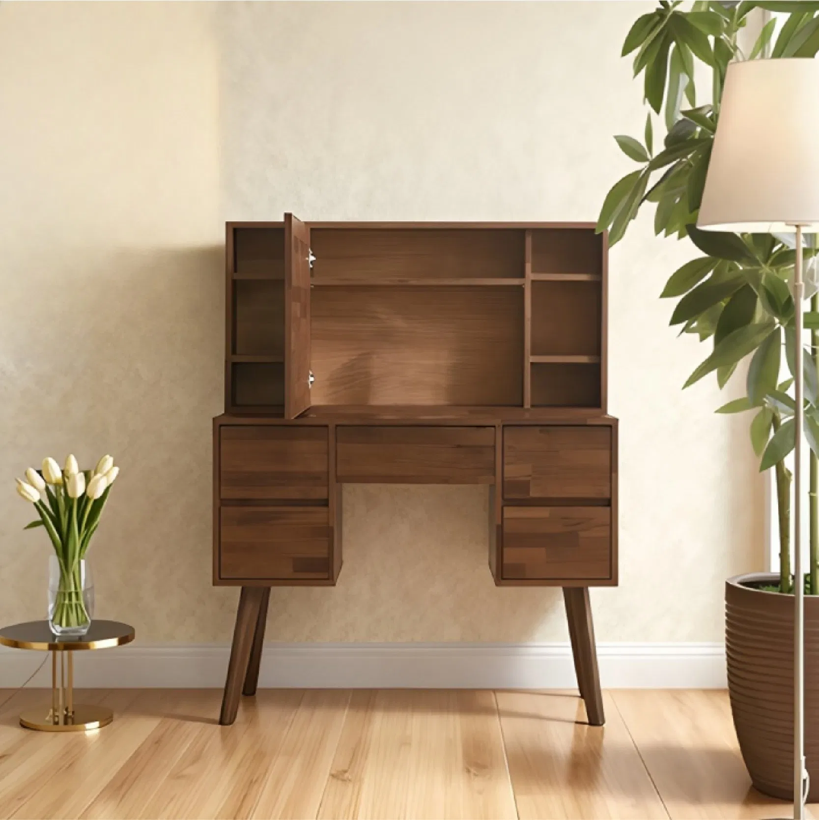 Nordic Wooden Console with Mirror Dresser Storage Makeup Dressing Table