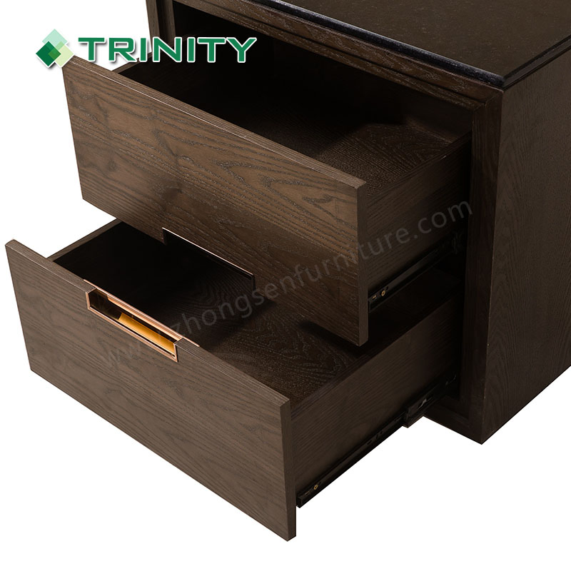 Marble Top Wooden Two Layer Walnut Wood Veneer Bedside Table for Hotel Bedroom