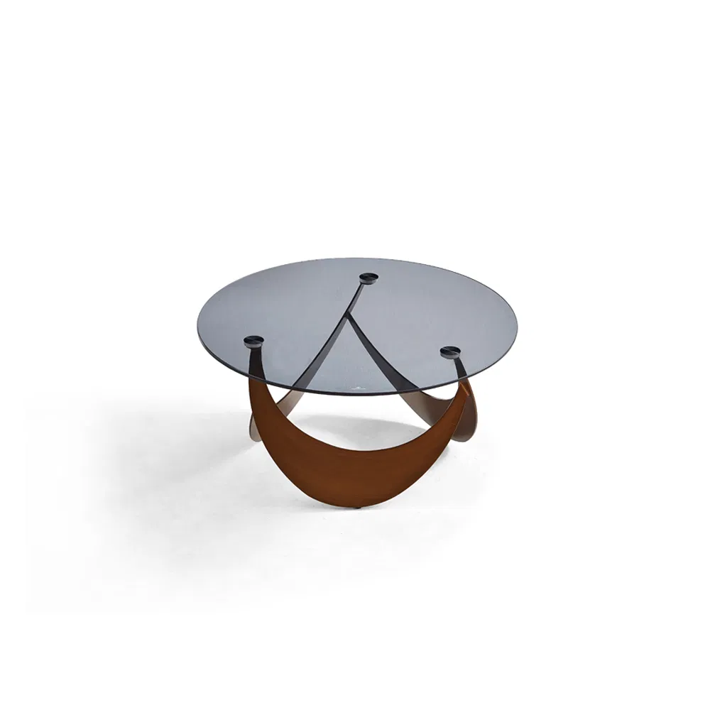 Luxury Modern Furniture Living Room Dark Gray Glass Top Round Coffee Table with Antique Bronze Carbon Steel Tripod