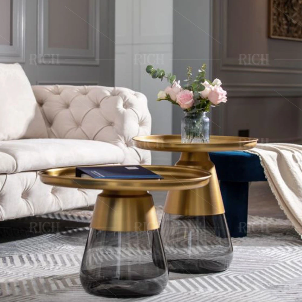 Interior Removable Retro Brass Top Coffee Table with Transparent Glass Base