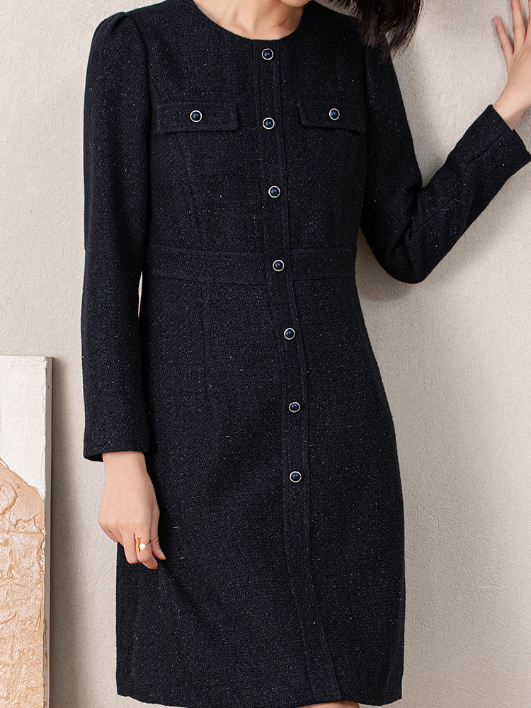 Women's Knee-Length Woolen Woven Natural Waist Button Detail Daily Office Lady Winter Long Sleeve Dress