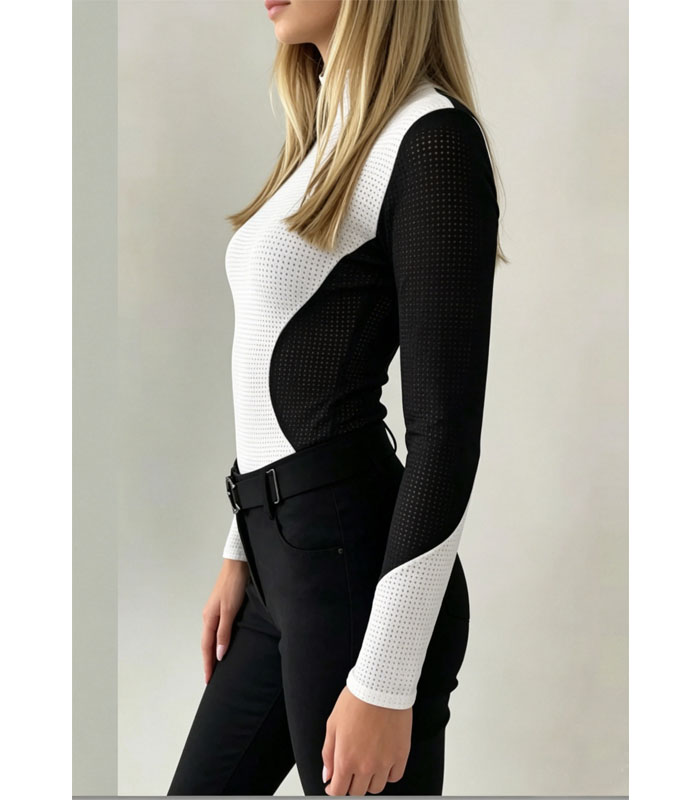 Women's Long Sleeve Turtleneck Perforated Mesh Slim Fit Breathable Stretch Riding Base Layer with Custom Pattern More Colors