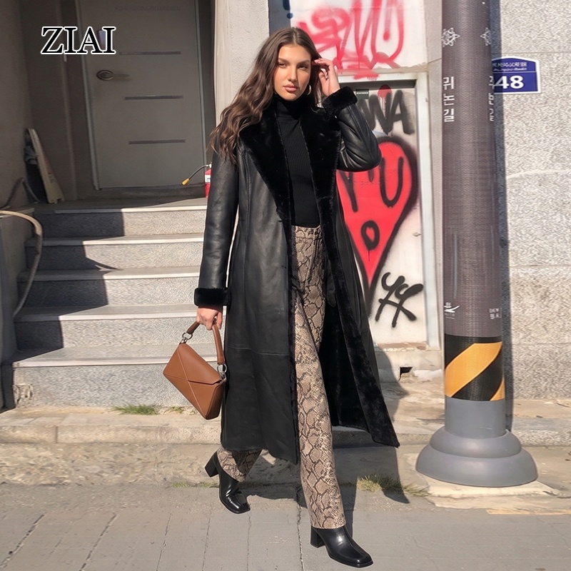 Women's Long Black Leather Coat with Fur Trim |Faux Shearling Trench Jacket, Winter Warm Belted Overcoat for Streetwear &amp; Casual