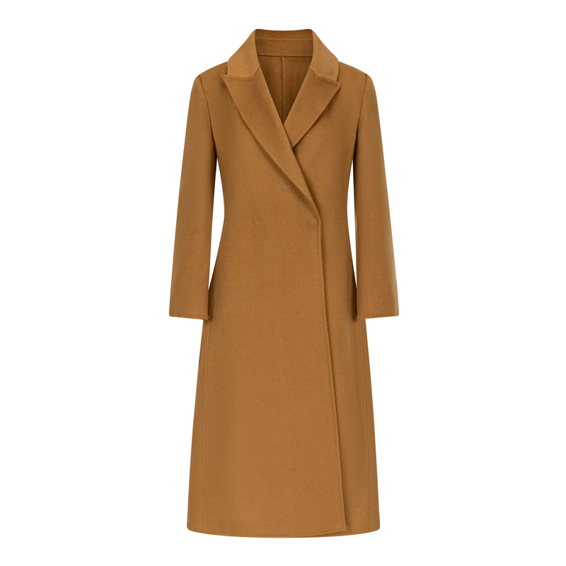 Women's Long Wool Cashmere Double Face Coat - 10% Cashmere 90% Wool, Camel Color Winter Warm Elegant Overcoat