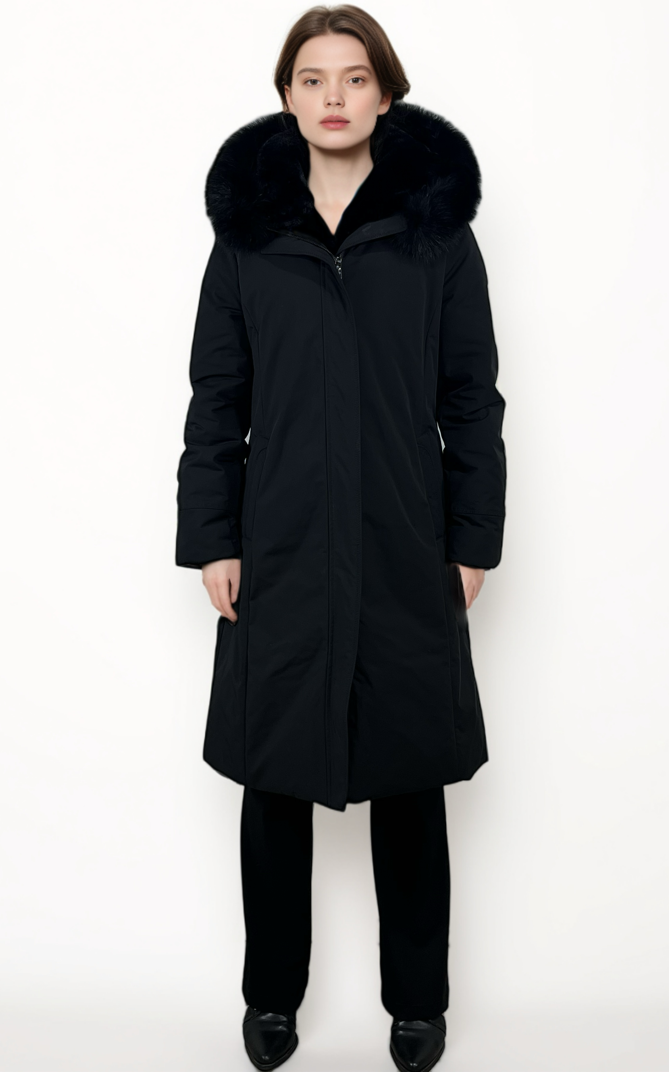 Black Long Winter Coats for Women Down Parka with Real Fur Lining Zip Down Parka Outerwear Jacket