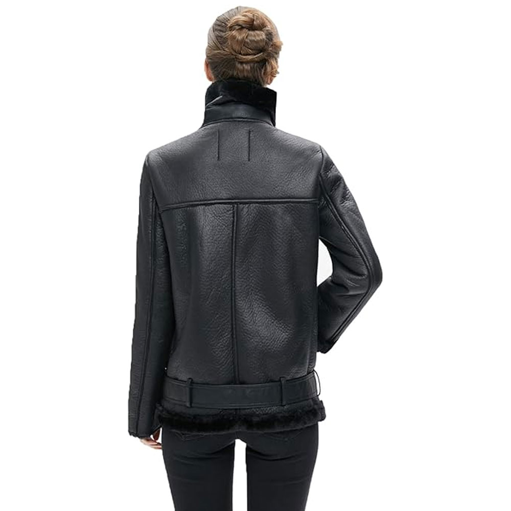 Women's Faux Shearling Moto Jacket Thick Lined Winter Parka Coat Warm Cotton Lining Knitted Breathable Stylish Leather Look