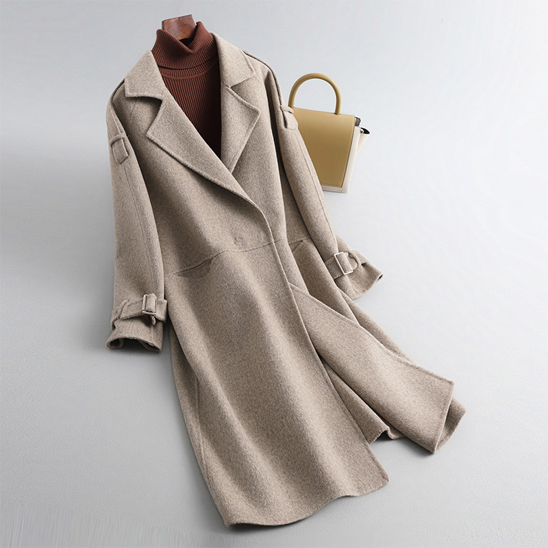 2023 Double Breasted Camel Cashmere 100% Wool Coat Casual Outwear Ladies Wool Overcoat