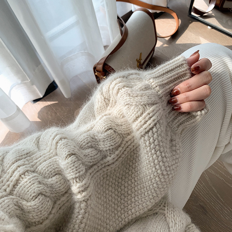 New Office Lady Style Thickened Knitted Pullover Sweater for Women Loose Crew Neck Sweater for Spring and Winter