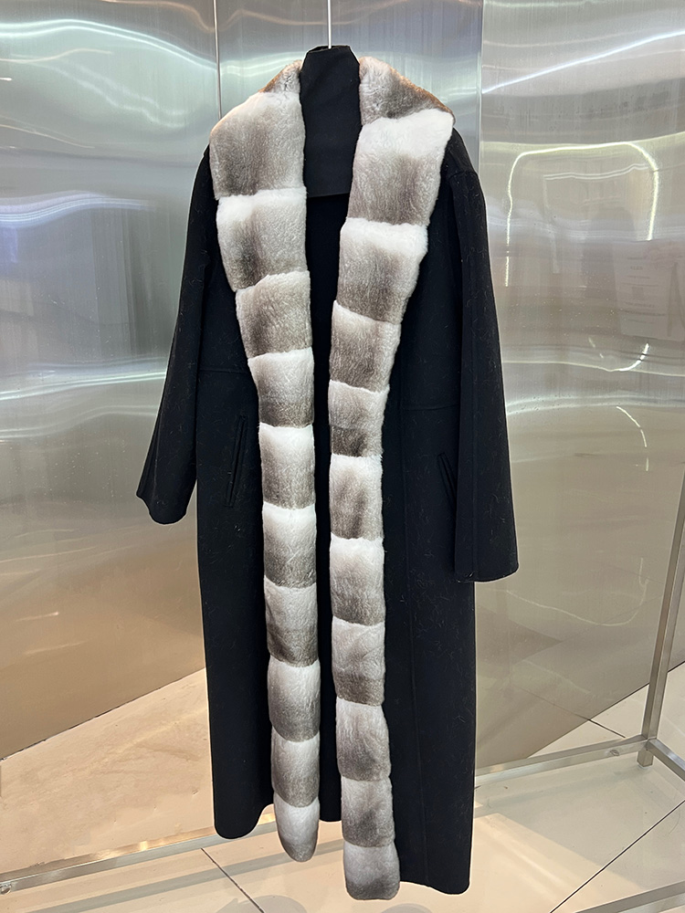2025 Luxury Design Double Face Cashmere Coat Women Autumn Winter Wool Blend Overcoat Rex Rabbit Fur Placket
