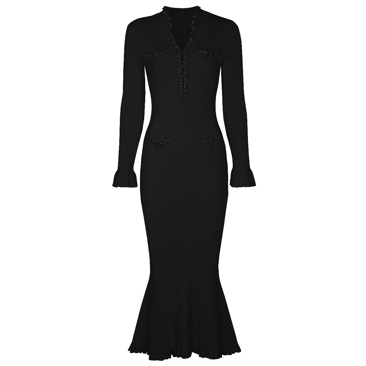 Women's Autumn Winter New Fashion Viscose Straight Simple Solid Knitted V-neck Slim Fit Handmade Beaded Long-sleeved Midi Dress
