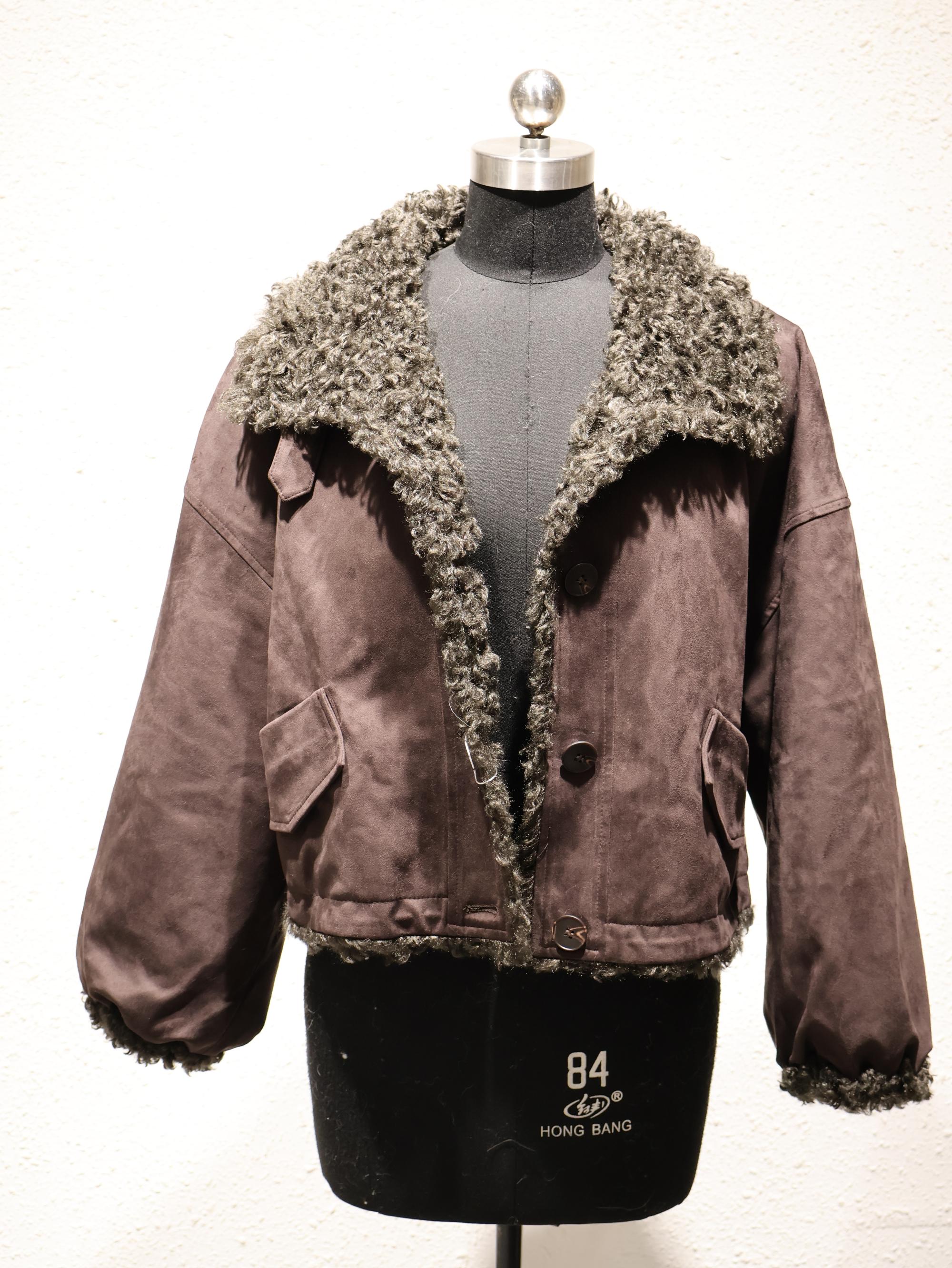 Women's Winter Faux Shearling Jacket, Brown Faux Fur Lined Faux Suede Coat, Warm Oversized Aviator Jacket with Button Detail