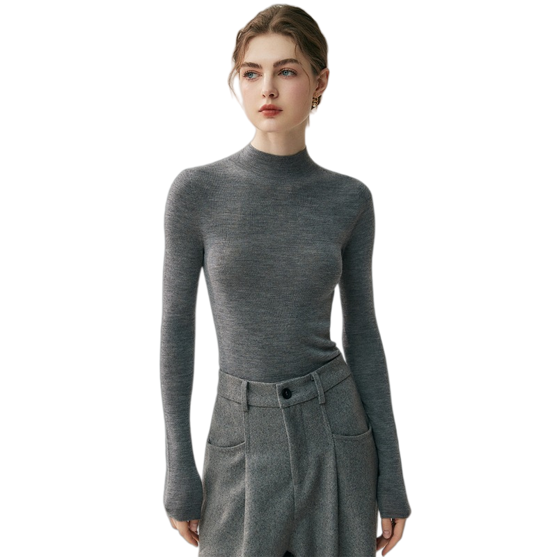 18G Seamless 100% Worsted Merino Wool Women Sweater Mock Half Turtleneck Solid Basic Knit Base Layer Top Wholesale for Boutiques