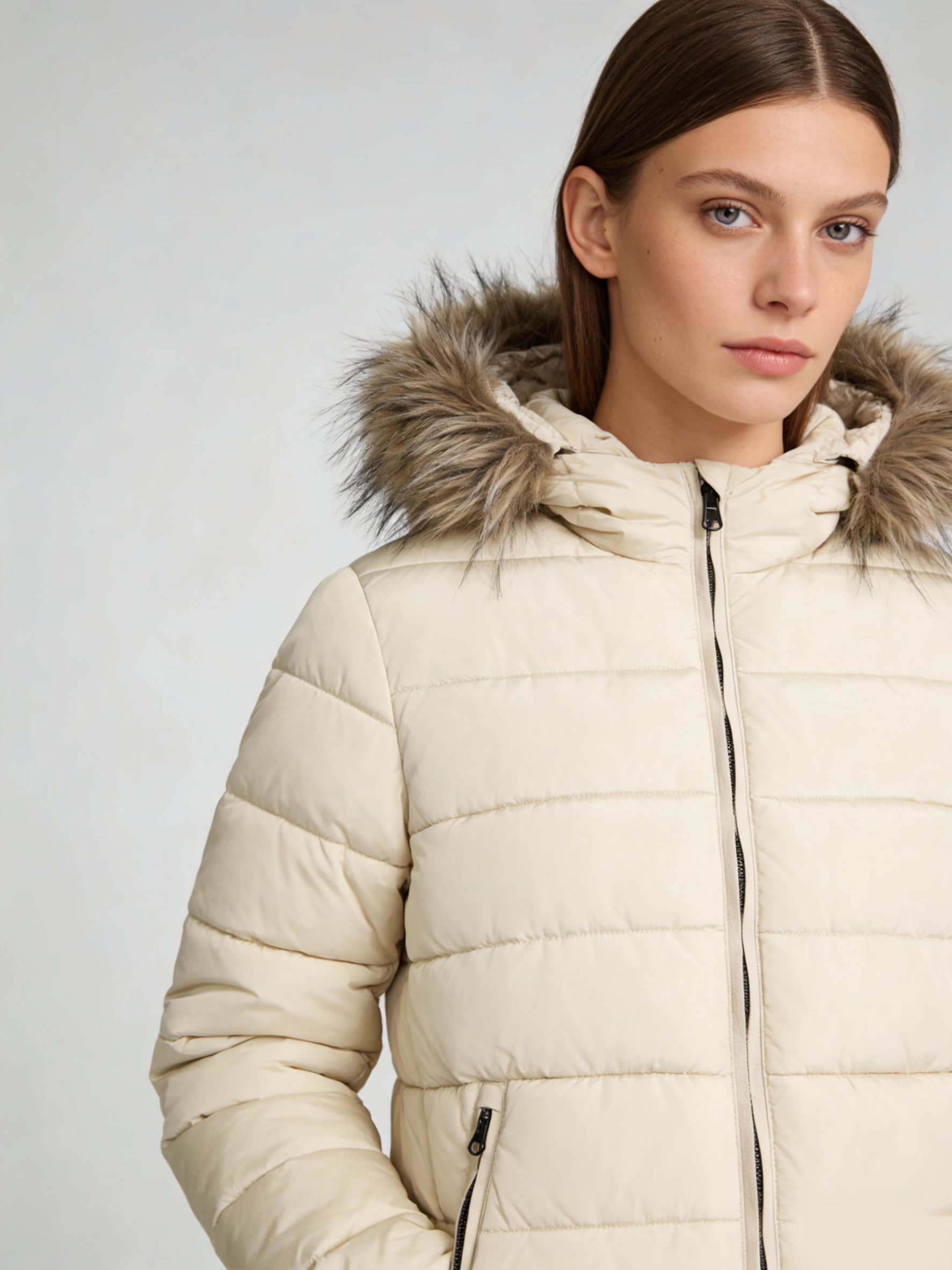 Light Beige Hooded Classic Women's Polyester Trench Parka with Detachable Faux Fur Collar Winter