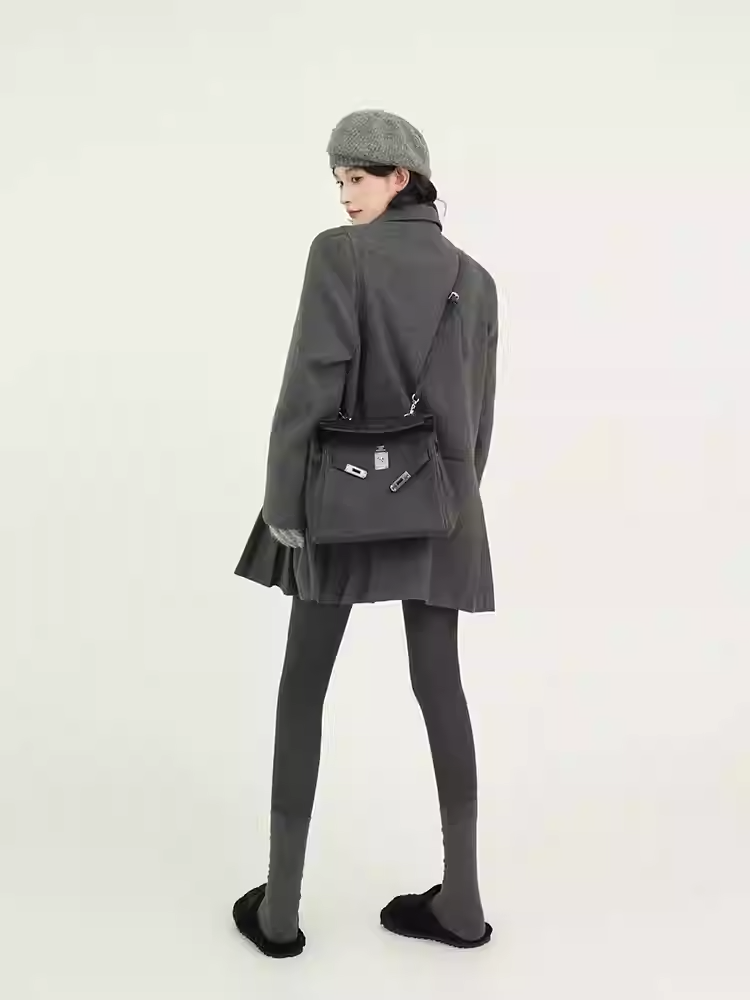 Grey Thickened Lapel Long-sleeved Suit Dress for Women, Autumn and Winter, Korean Design Sense, Loose Woolen Short Skirt