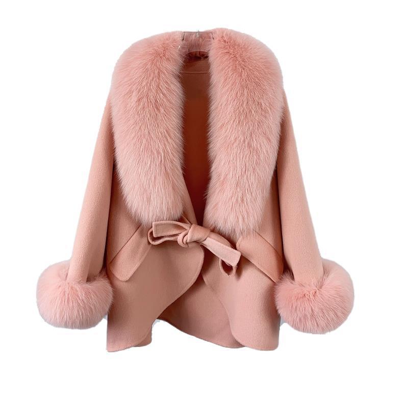 2024 Autumn Winter Collection Elegant Long Women's Overcoat Double-Sided Fox Fur Collar High-End Wool Cashmere Belt Elegant Cape