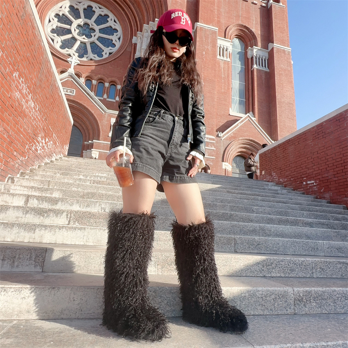 Women's Winter Mongolian Faux Fur Snow Boots Knee-High Fluffy Warm Low Heel Pull-On EVA Midsole Plush Lining Toe Fashion Trend