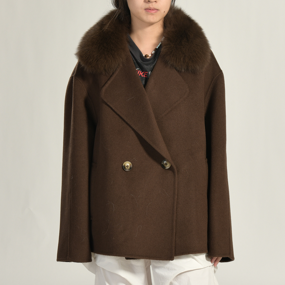 Jxwatcher Winter Real Fox Fur Collar Thick Overcoat Women's Cashmere Wool Double Faced Solid Color Coat with Belt Closure
