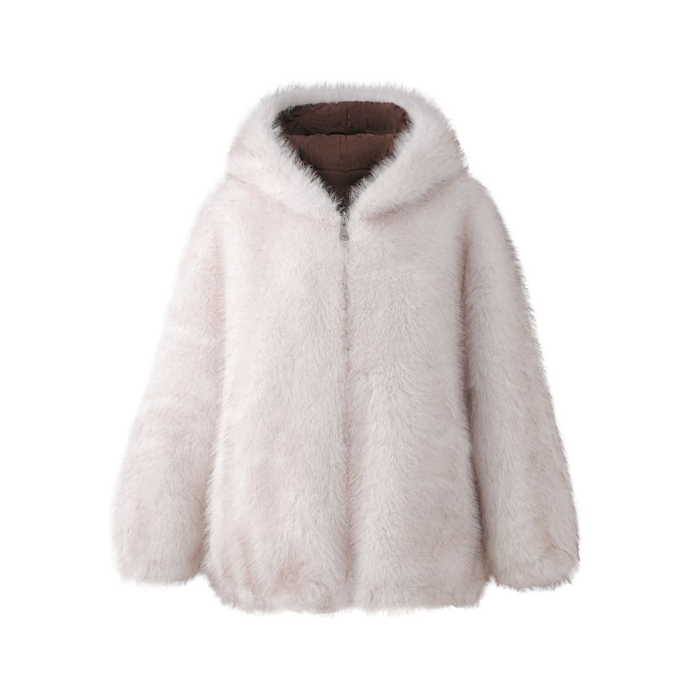 Women's Winter Short Woven Faux Fur Parka Slim Vintage Bamboo Fiber Breathable Thick Jacket Hood Single Breasted Closure Raw