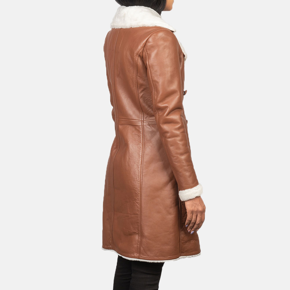 Women's Brown Double Breasted Shearling Coat genuine Winter Warm Faux Fur Lined Long Jacket Lapel Collar Button Closure