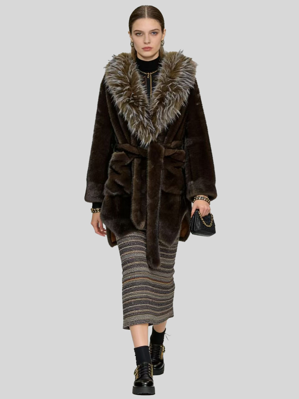 ODM&amp;OEM Fall/Winter Women's Loose Mid-Length Eco-friendly Fur Parka with Long Fur Collar and Belt Design