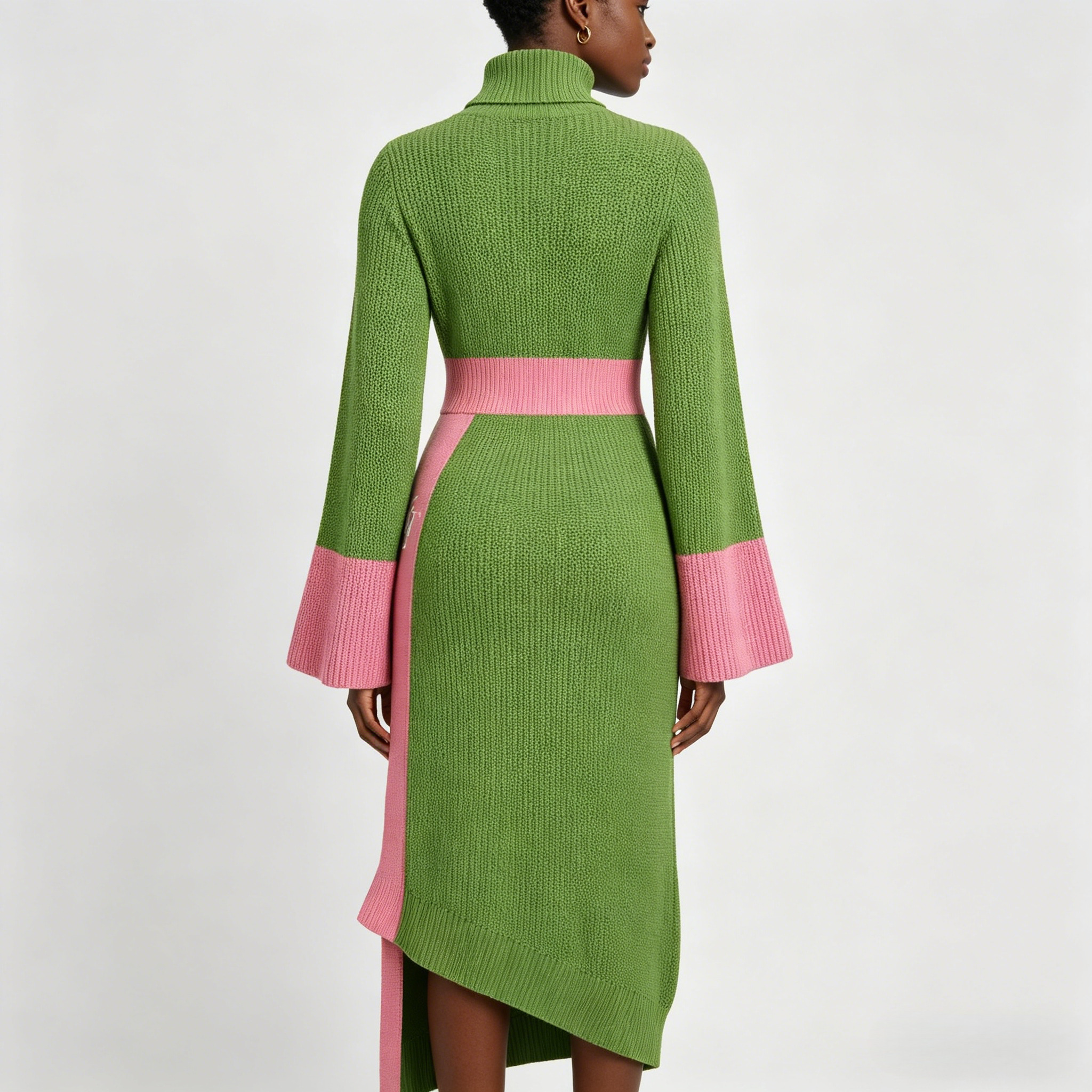 Winter Women's Knitwear High Neck Flare Sleeve Color Block Knit Dress Asymmetrical Hem Letter Embroidered Bodycon Sweater Dress