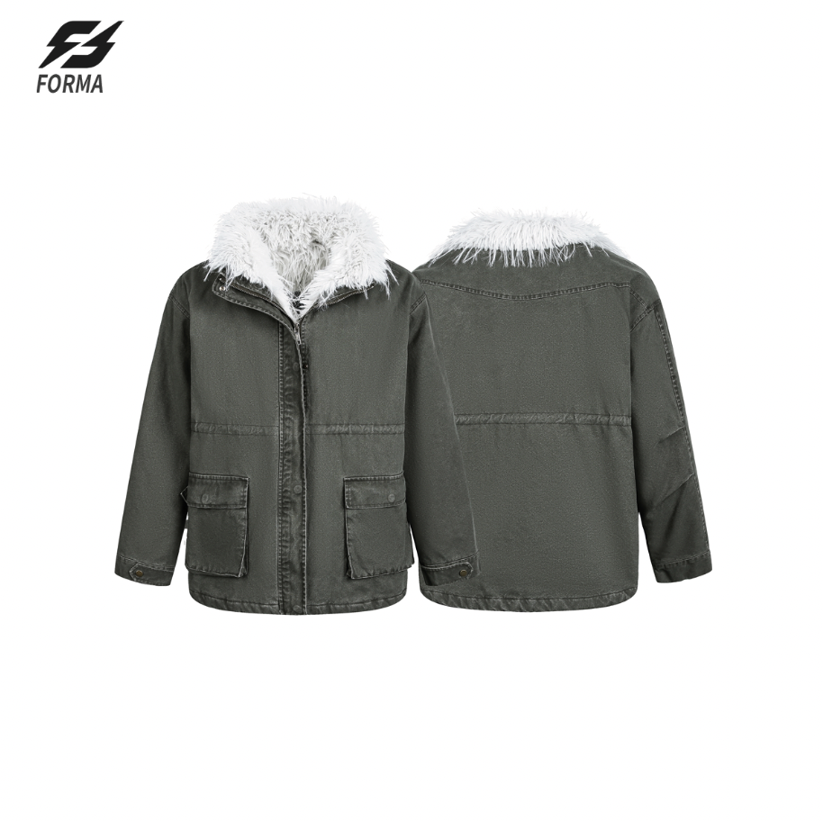 Autumn Winter Women's Double Breasted Fur Coat Long Sleeve Solid Pattern Printed Single Jacket with Detachable Fur Decoration
