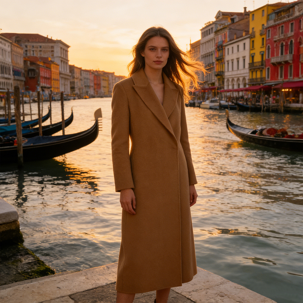 Women's Long Wool Cashmere Double Face Coat - 10% Cashmere 90% Wool, Camel Color Winter Warm Elegant Overcoat