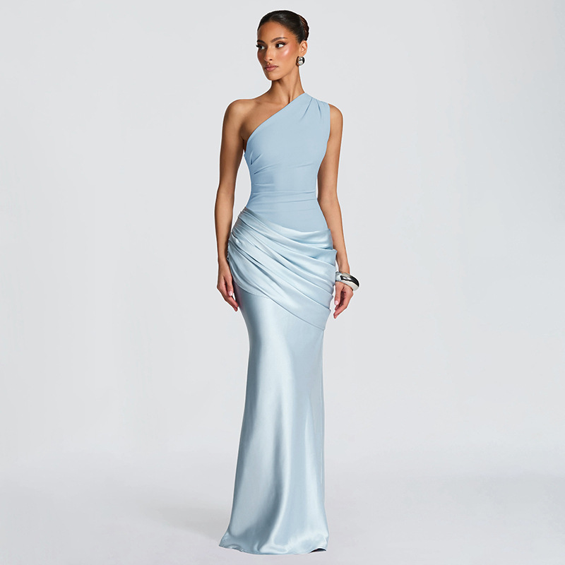 Women's Autumn Winter New Elegant Celebrity-Style One-Shoulder Pleated Spliced Floor-Length Diamond Cashmere Pencil Dress