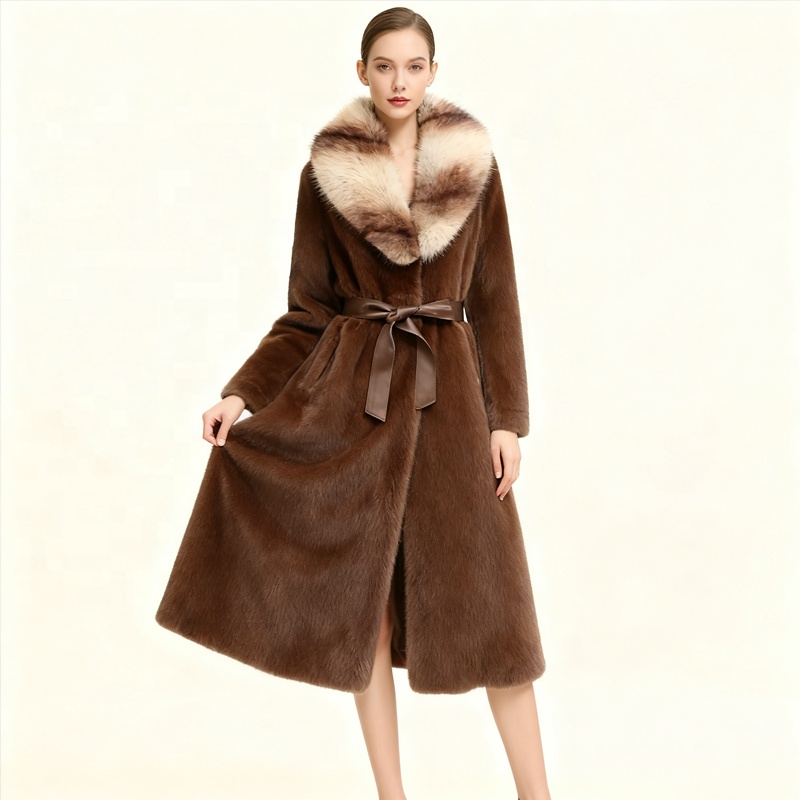 Boying Women's Winter Eco Faux Mink Shearling Single Breasted Overcoat with Large Fur Collar Faux Fur Coat ODM / ODM