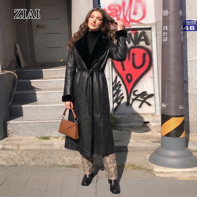 Women's Long Black Leather Coat with Fur Trim |Faux Shearling Trench Jacket, Winter Warm Belted Overcoat for Streetwear &amp; Casual