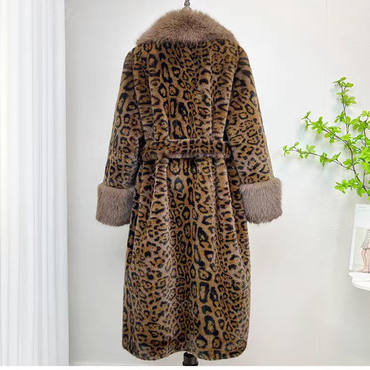 Ladies Over-knee Faux Mink Fur Coat, Shearling Integrated with Fox Fur Collar European Velvet Fur Outerwear