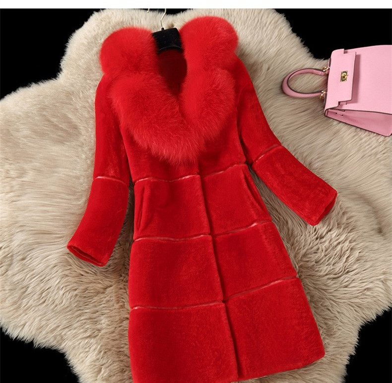 Women's Fur Coats Faux Fox Fur Collar Winter Fashion Gray Women Elegant Fur Jacket Thick Warm Outerwear