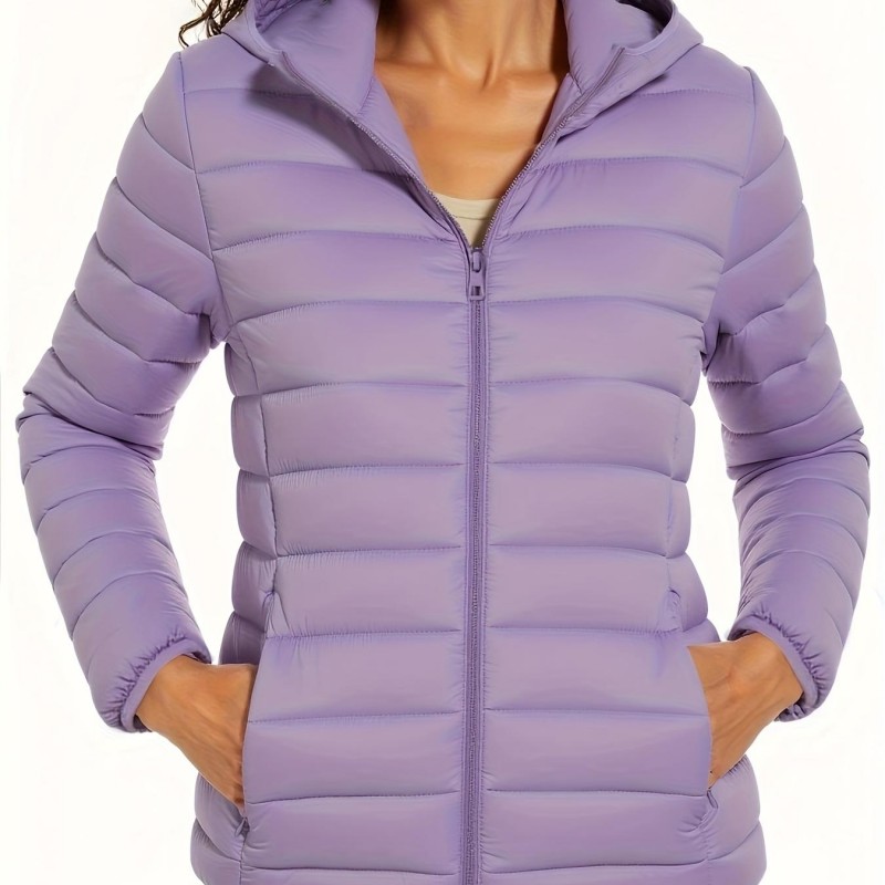 Women's Regular Fit Quilted Hooded Jacket, Woven Polyester Padded Coat for Fall Winter Season