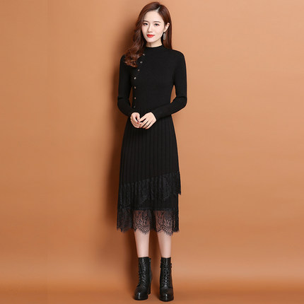 Knitted Dress for Women, Autumn and Winter New Lace Long Inner Layer, Bottom Woolen Skirt Over the Knees