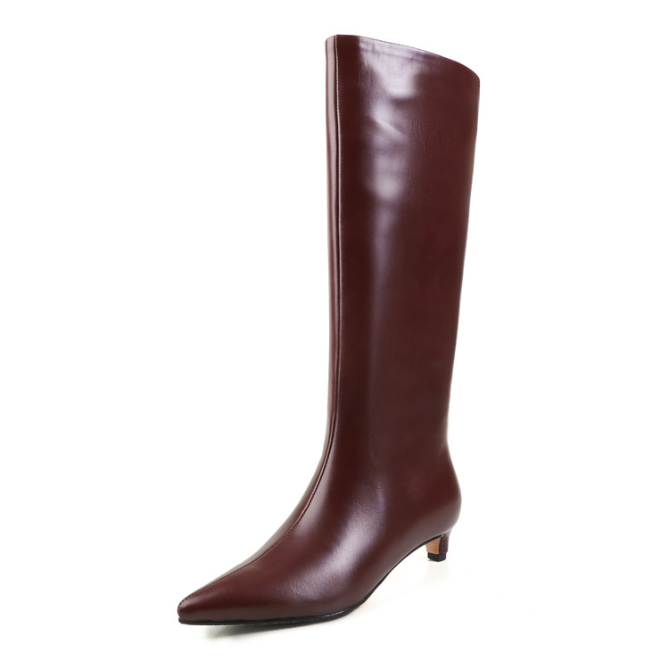 Sexy Pointed Toe Women's Long Boots 2025 Autumn Winter Shoes High Quality Elegant Wine Red Slip-On Thin Mid Heel Knee High Boots