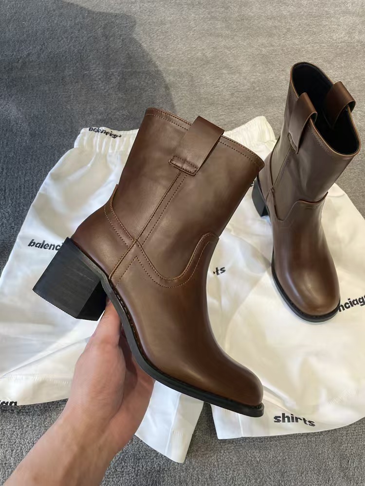 Manufacturer Winter Cowboy Wide Shaft Ladies Heel Boots Fashion Round Toe Vegan Leather Block Heel Women Mid Calf Western Boot