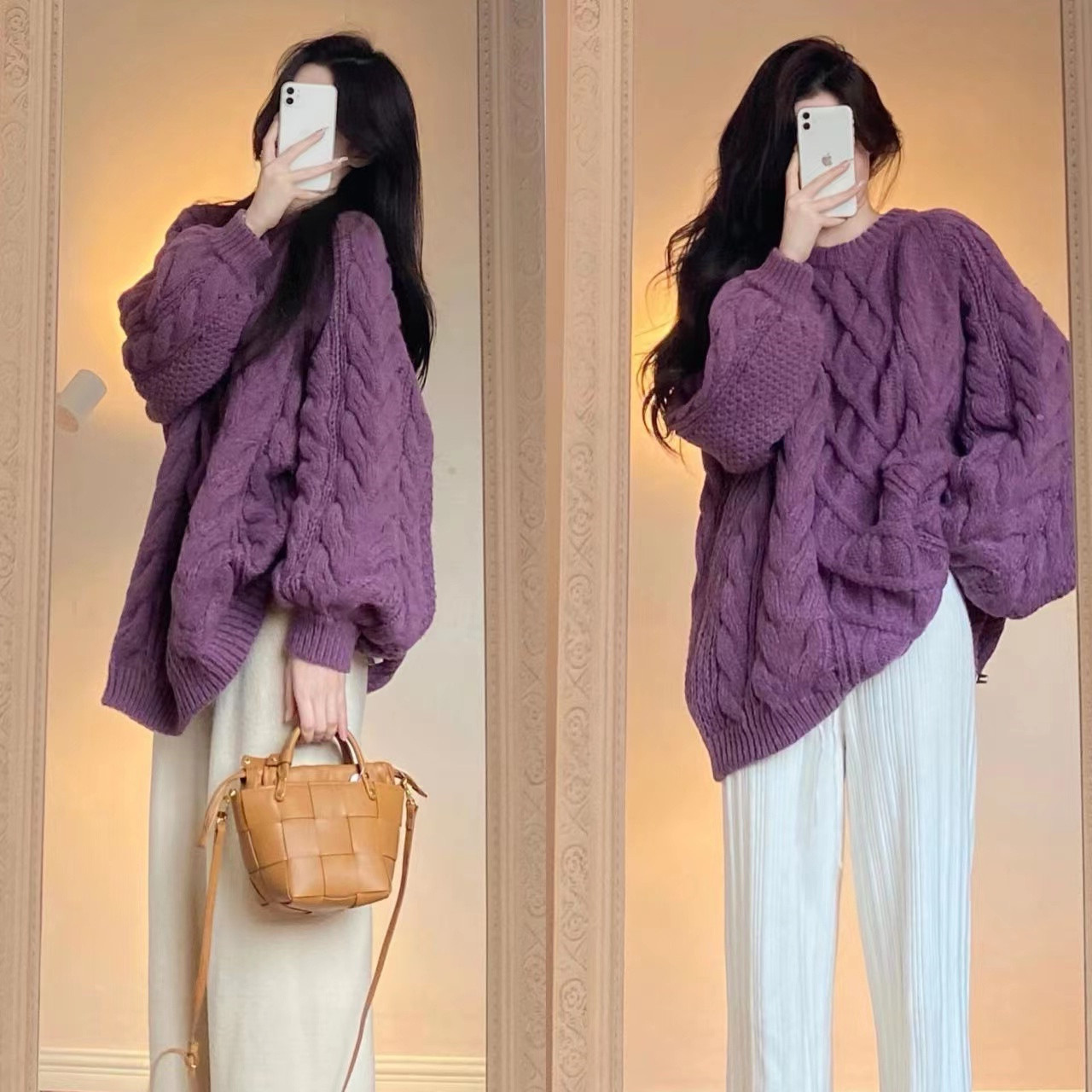 New Office Lady Style Thickened Knitted Pullover Sweater for Women Loose Crew Neck Sweater for Spring and Winter