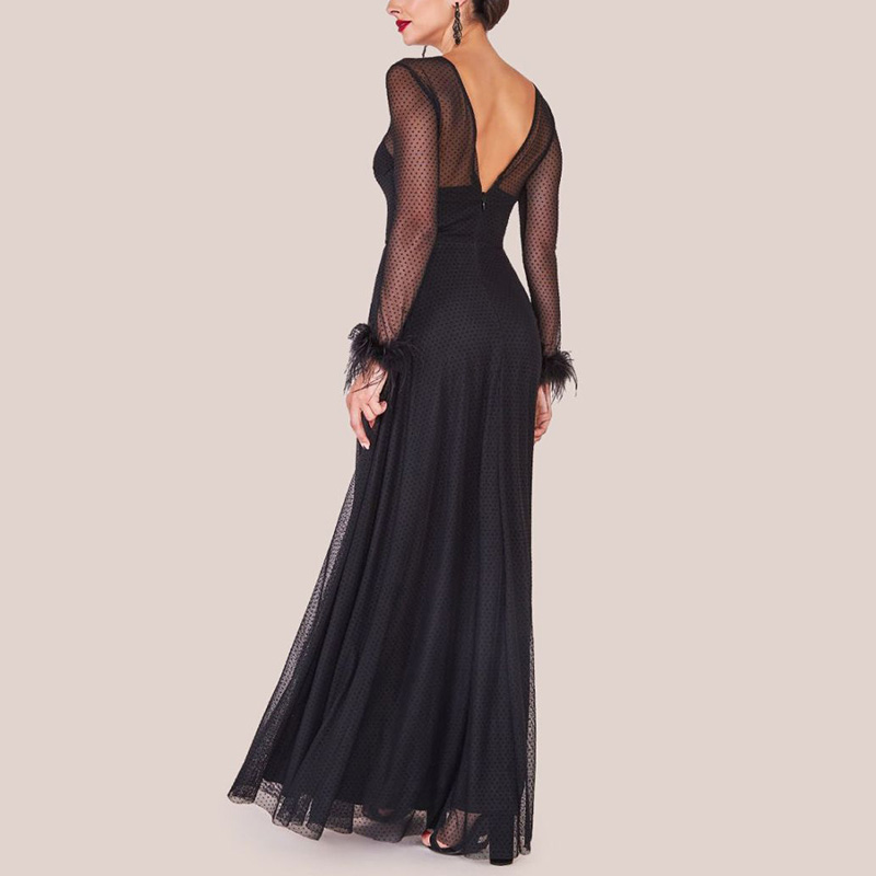 Autumn and Winter New Women's Sexy Perspective High Waist Slim Long Skirt Trumpet Sleeve Dress