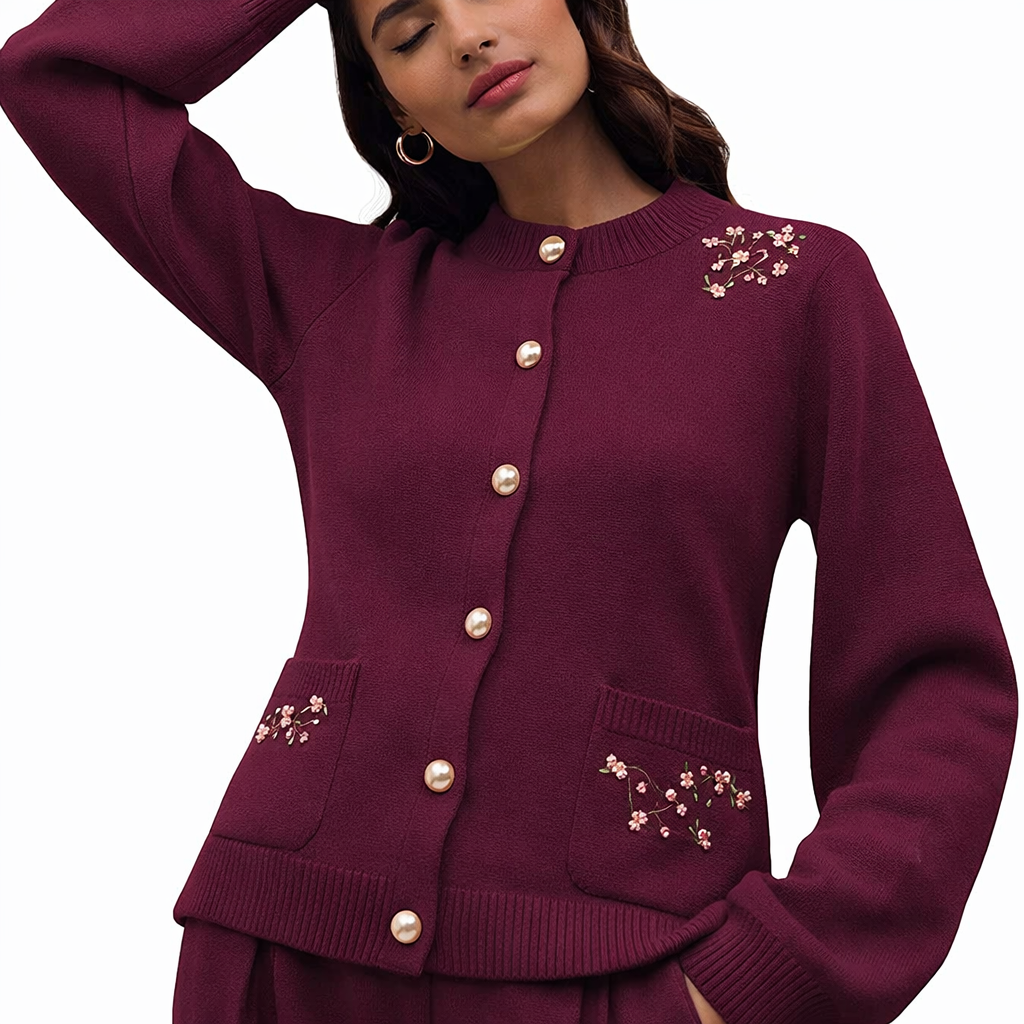 Custom Women's Cardigan Sweater Floral Embroidery Pearl Button Knit Jacket OEM Elegant Ladies Knitwear