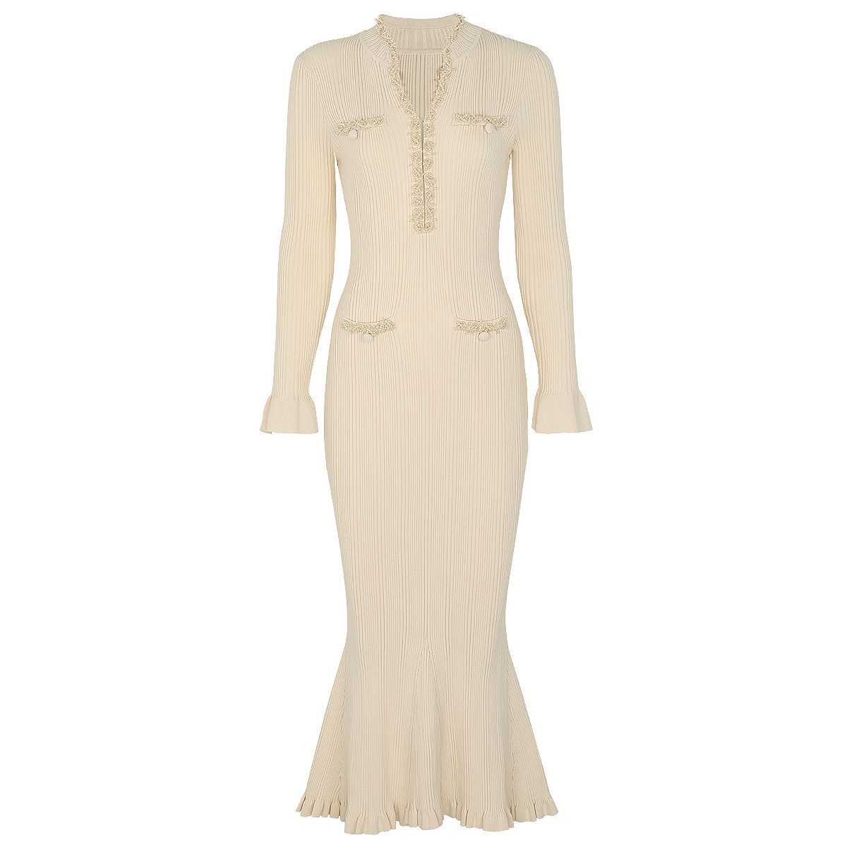 Women's Autumn Winter New Fashion Viscose Straight Simple Solid Knitted V-neck Slim Fit Handmade Beaded Long-sleeved Midi Dress