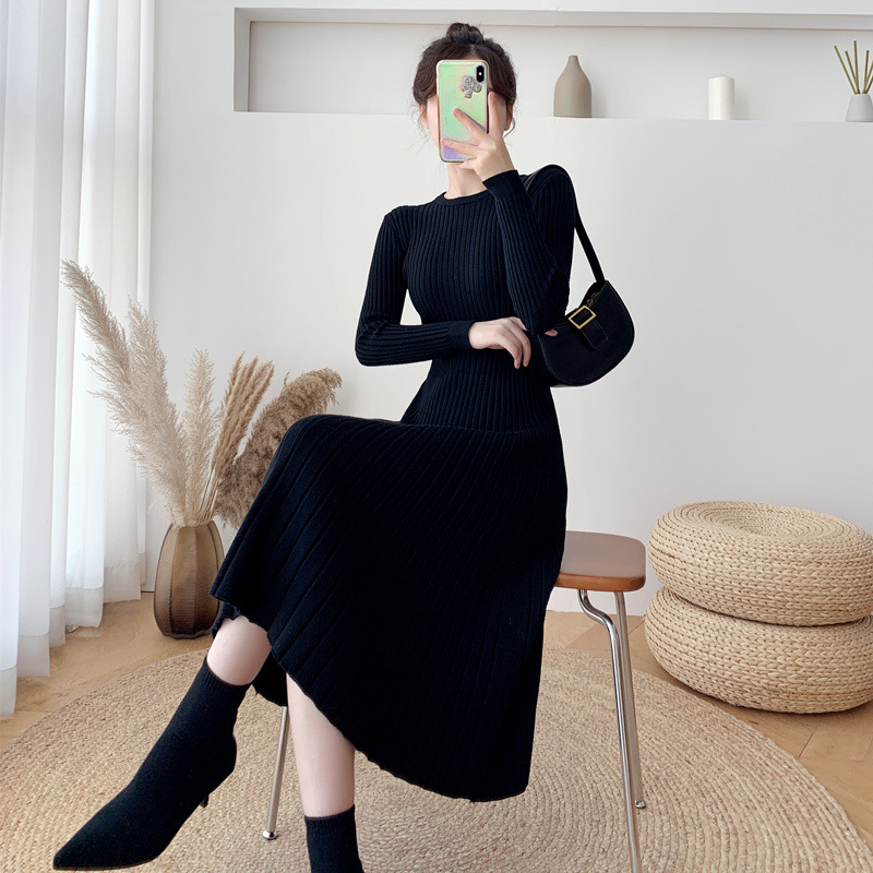 FNJIA Women's Mid-Length Slim Winter Dress Solid Color Casual Style European American Fashion with Cotton Knit Sweater Sleeves